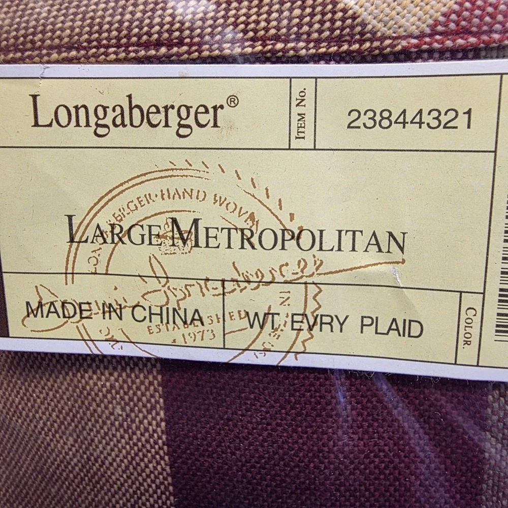 Longaberger Large Metropolitan Basket Liner‎ WT EVRY Plaid Fabric Multicolor